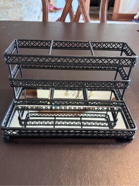 Two-Tier Black Metal Jewelry/Makeup Organizer with Mirrored Tray